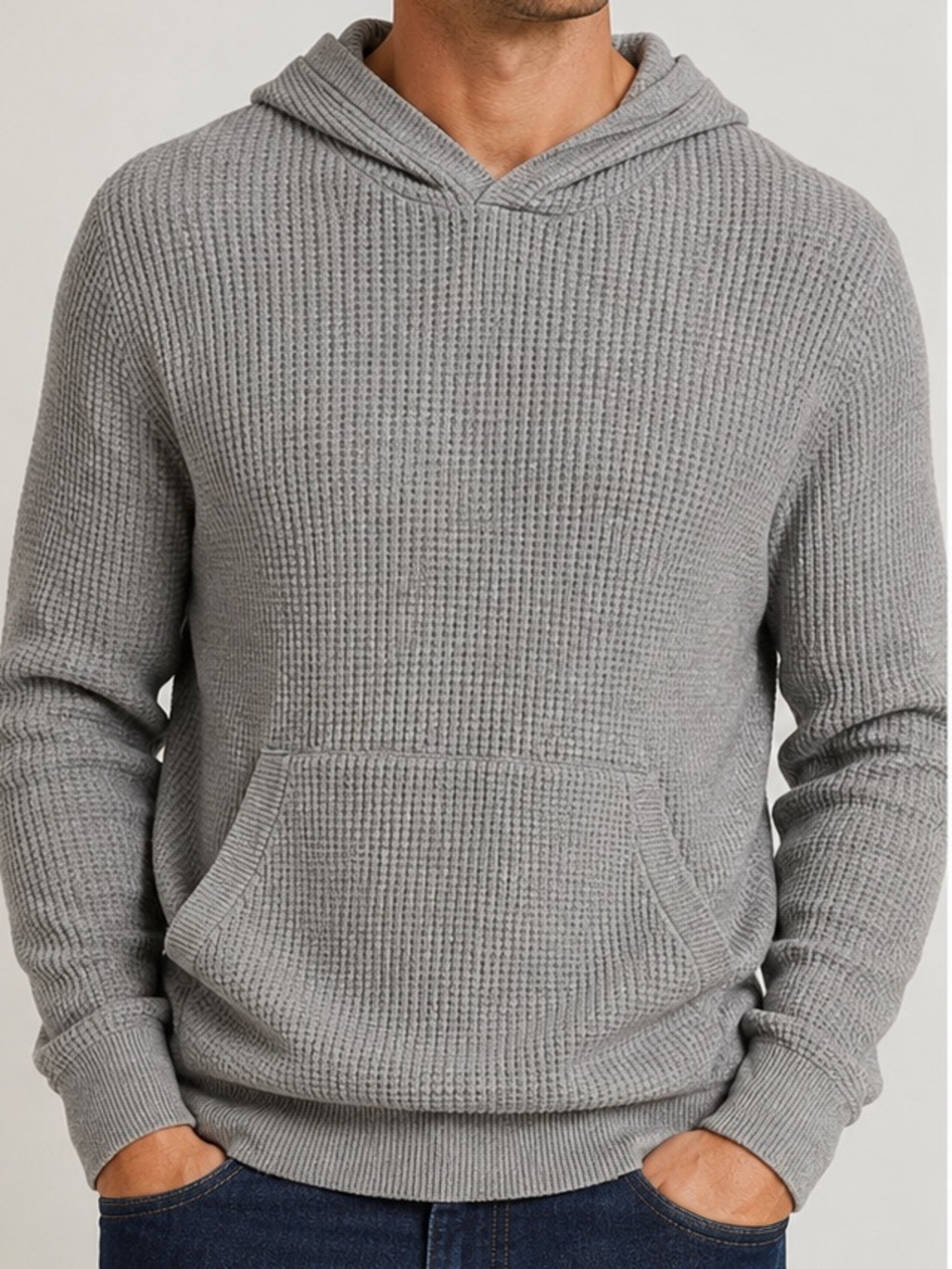 Sun + Stone Waffle Knit Hoodie Sweater Gray Heather Medium NWT Kangaroo Pocket